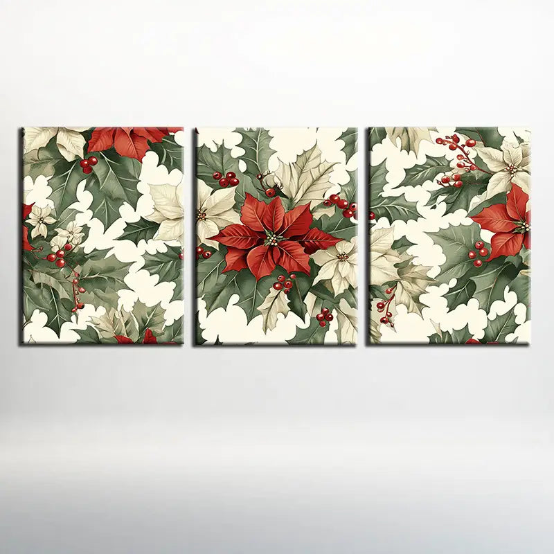 3pcs Festive Holly & Berry Red Green Design Metal Print Ready to Hang Art