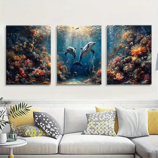3pcs Stunning Underwater Coral Reef with Dolphins Metal Print Ready to Hang Art