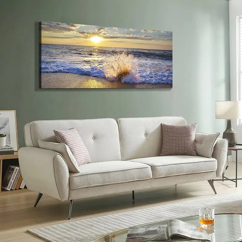Ocean Blue Waves Beach Sunset Wall Art canvas office home room framed 120x60cm