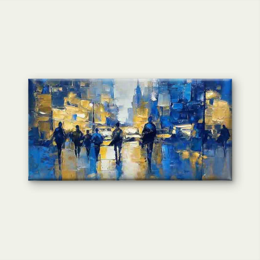Abstract Blue And Golden City Wall Art Canvas Office Home Room Framed 80x45cm