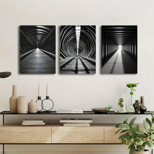 3pcs Black and White Long Tunnel Minimalist Abstract Metal Print Ready to Hang Art