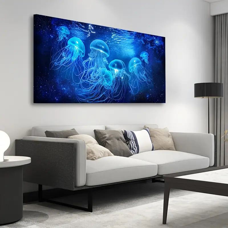 Modern Coastal Style Blue Jellyfish Ocean World Wall Art canvas office home room framed 80x45cm