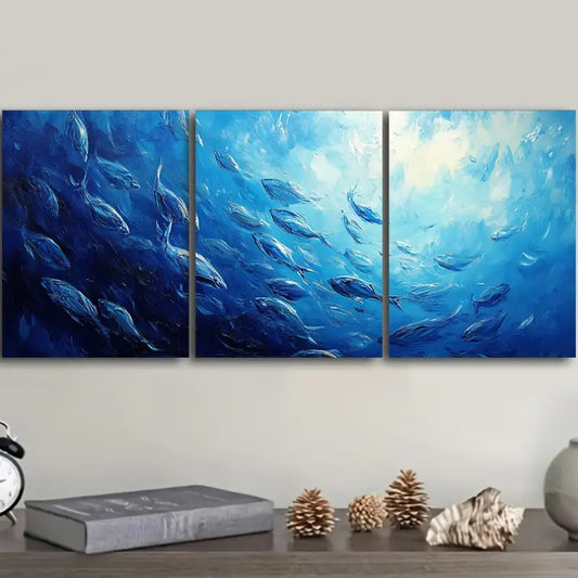 3pcs School of Fish Design Dark Blue Ocean Metal Print Ready to Hang Art