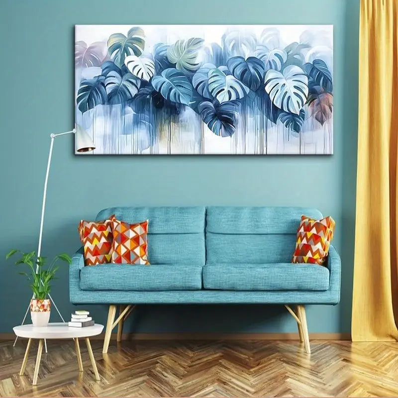 Blue Monstera Leaf Abstract Nature Vibrant Botanical Wall Art canvas office home room framed 120x60cm