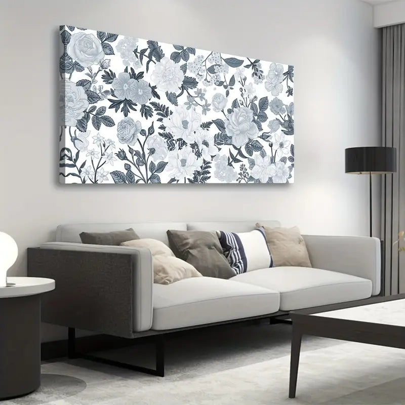 Grey & White Floral Elegant Botanical Wall Art canvas office home room framed 120x60cm