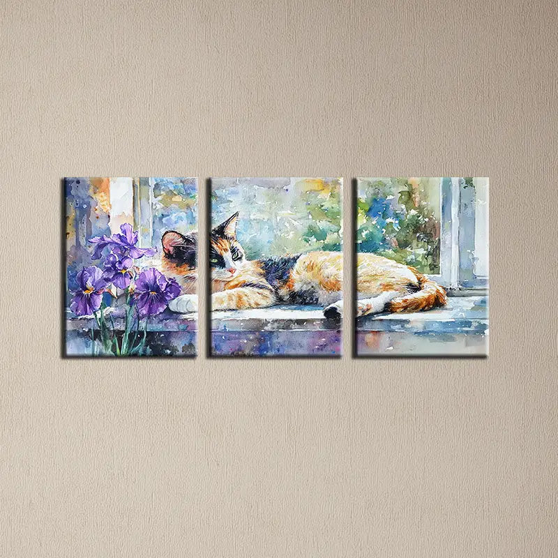 3pcs Watercolor Painting of a Cat on a Windowsill Metal Print Ready to Hang Art