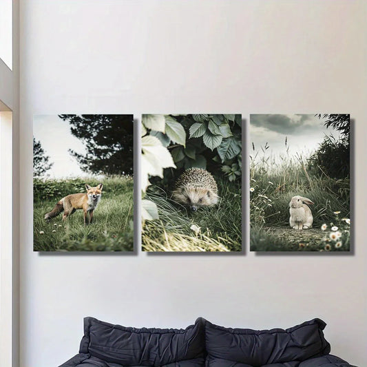 3pcs Fox, Hedgehog and Rabbit Forest Animal Metal Print Ready to Hang Art
