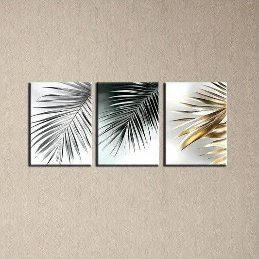 3pcs Abstract Leaves Green Gold Classic Design Metal Print Ready to Hang Art
