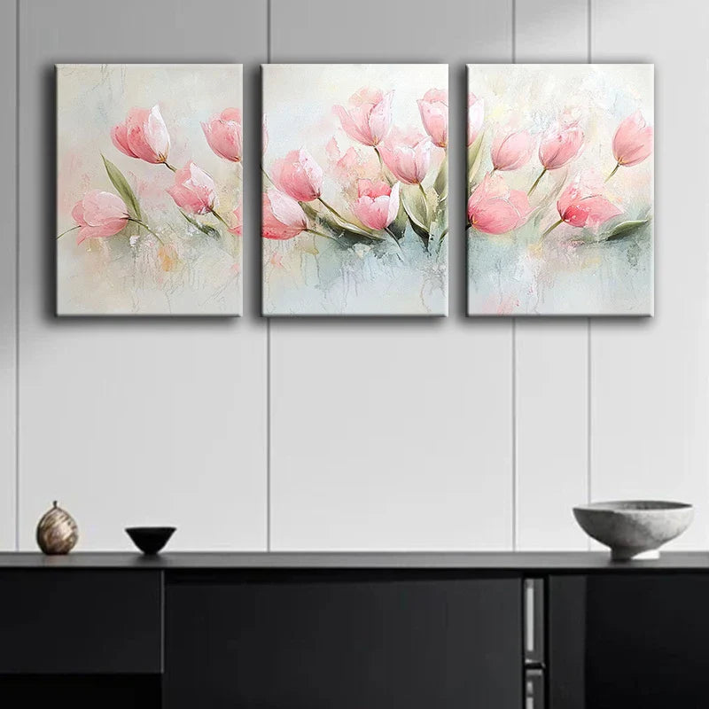 3pcs Watercolor beautiful painting of pink tulips Metal Print Ready to Hang Art