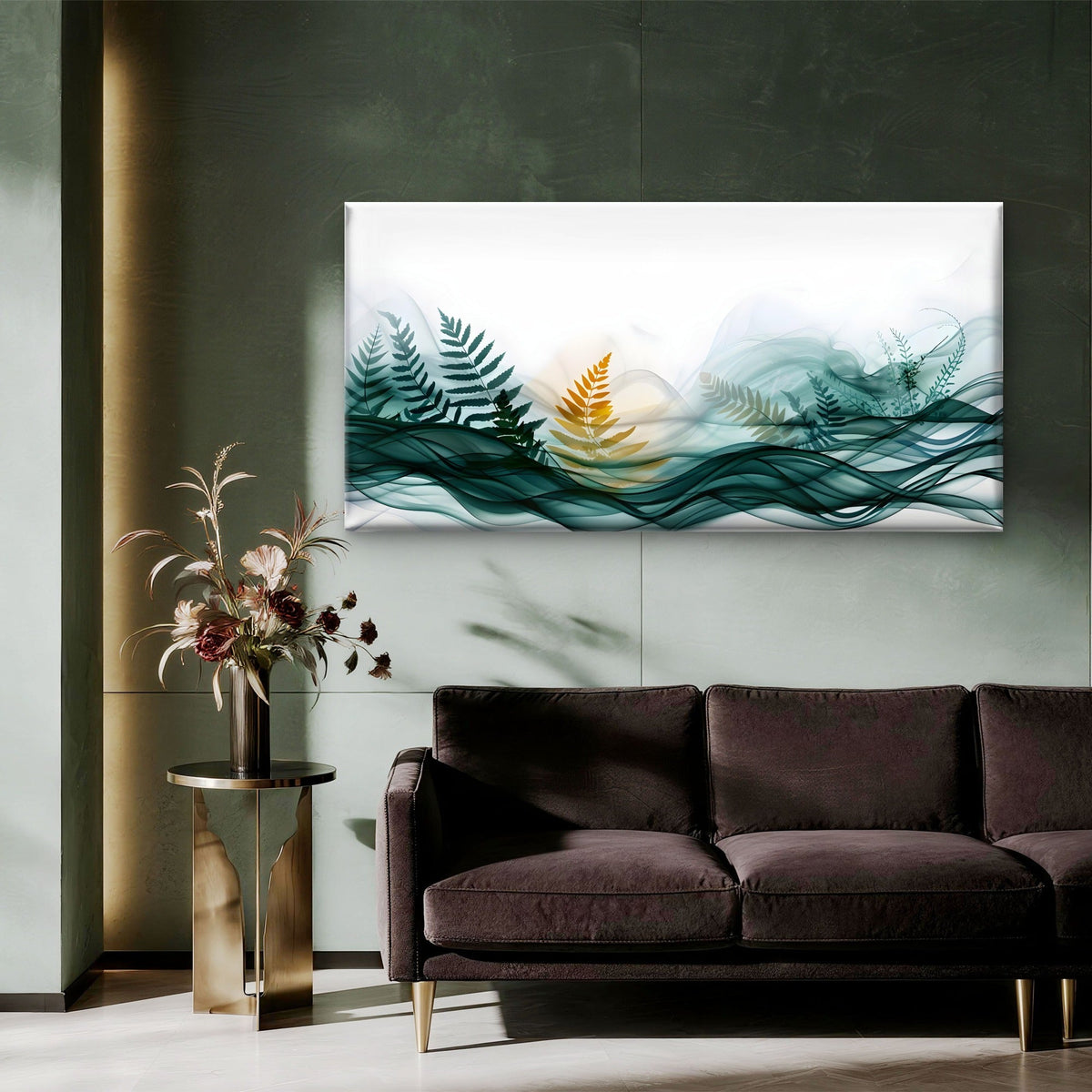 Golden Ferns Green Waves Wall Art Canvas Office Home Room Framed 120x60cm