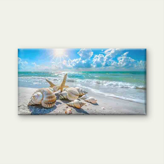 Seashells on Beach with Ocean Wall Art Canvas Office Home Room Framed 80x45cm