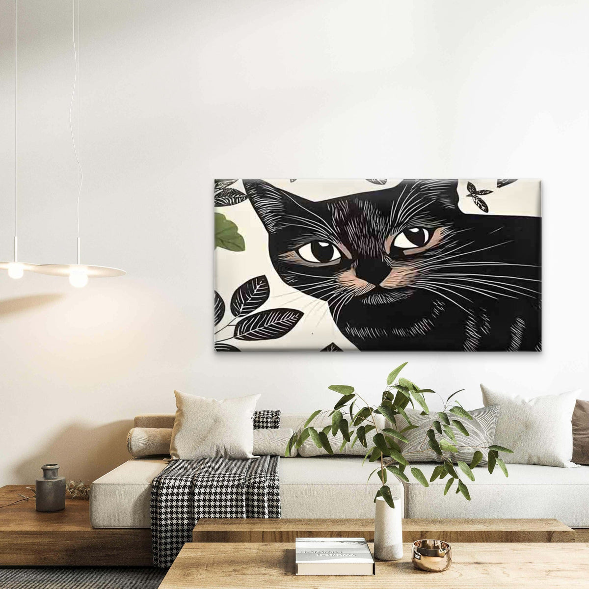Black Cat And Leaf Pattern Wall Art Canvas Office Home Room Framed 80x45cm