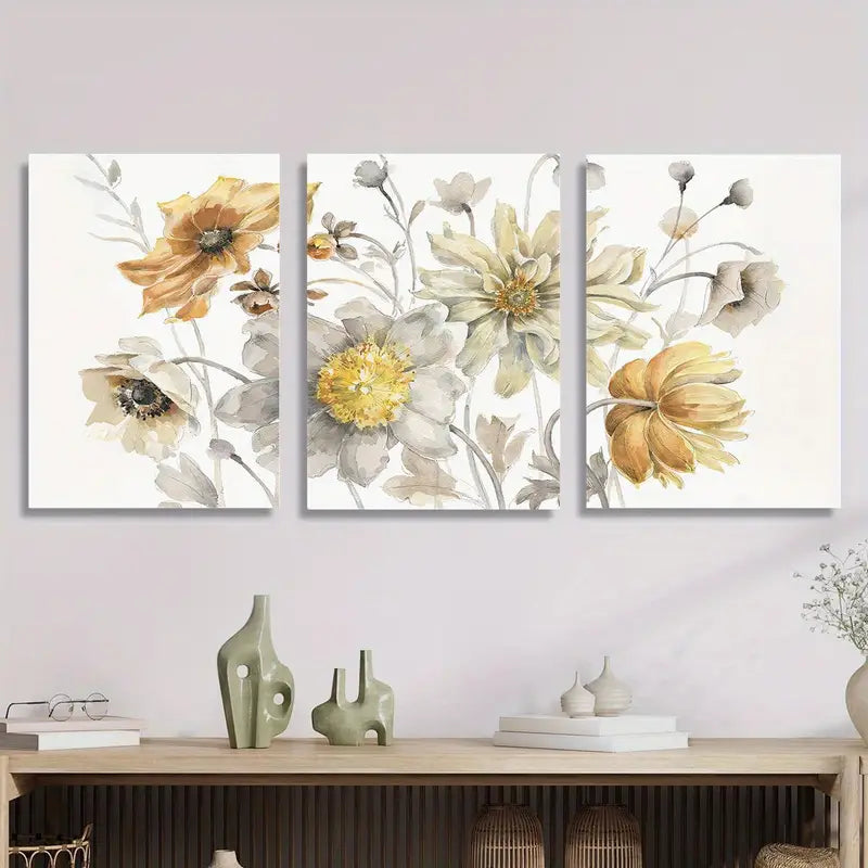 3pcs Watercolor Golden Field Flowers Botanical Metal Print Ready to Hang Art