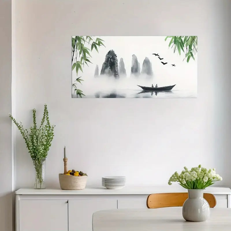 Black & White Mountain Scenery Green Bamboo Wall Art canvas office home room framed 120x60cm