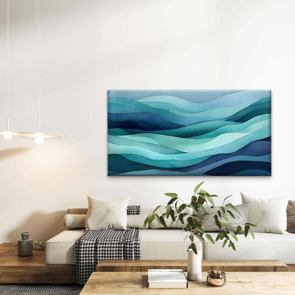 Teal Gradient Wave Pattern Wall Art Canvas Office Home Room Framed 80x45cm