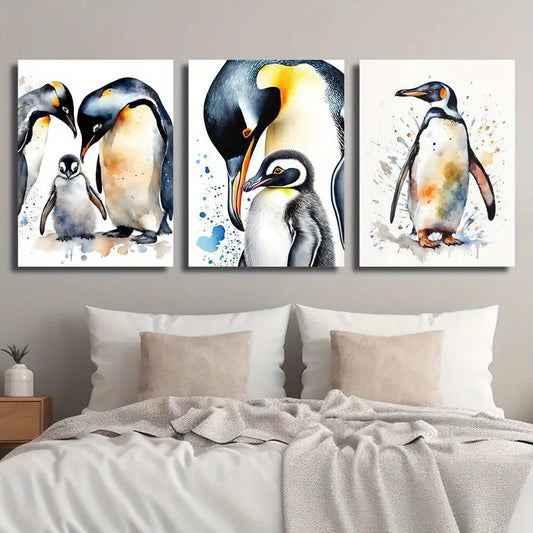 3pcs Watercolor Penguin Family Classic Design Metal Print Ready to Hang Art