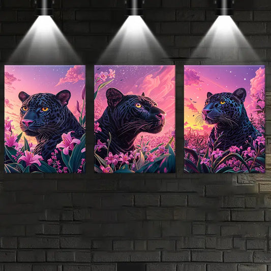 3pcs Watercolor JAGUAR In Lily Of The Valley Pink Metal Print Ready to Hang Art