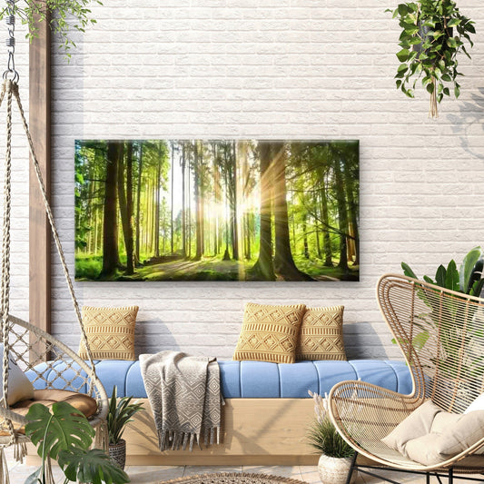 Sunlit Green Forest Landscape Wall Art Canvas Office Home Room Framed 80x45cm