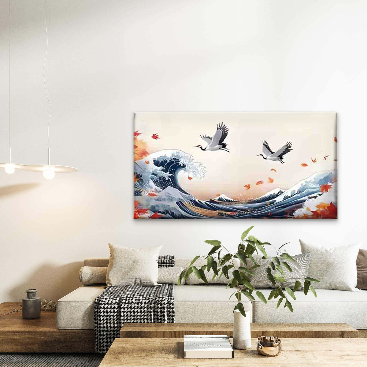 Ocean Waves, Twin Cranes Wall Art Canvas Office Home Room Framed 120x60cm