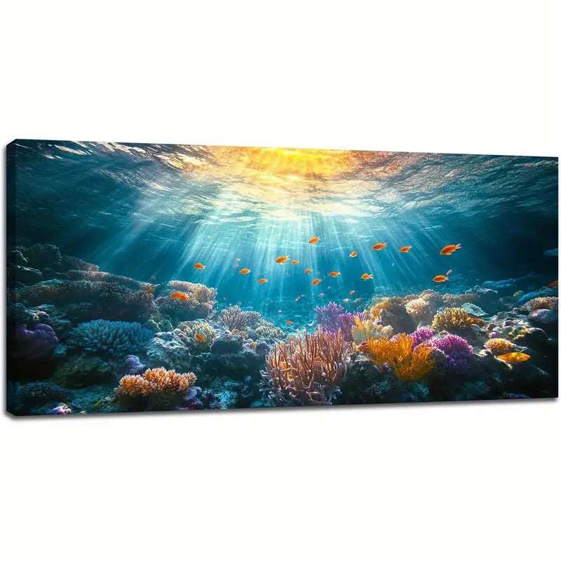 Large Ocean Vibrant Coral Reef Fish & Sunlight Seascape Wall Art canvas office home room framed 120x60cm