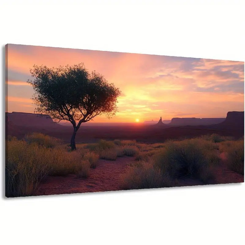 Dawn Scenery Single Tree Grass & Distant Mountains Wall Art canvas office home room framed 120x60cm