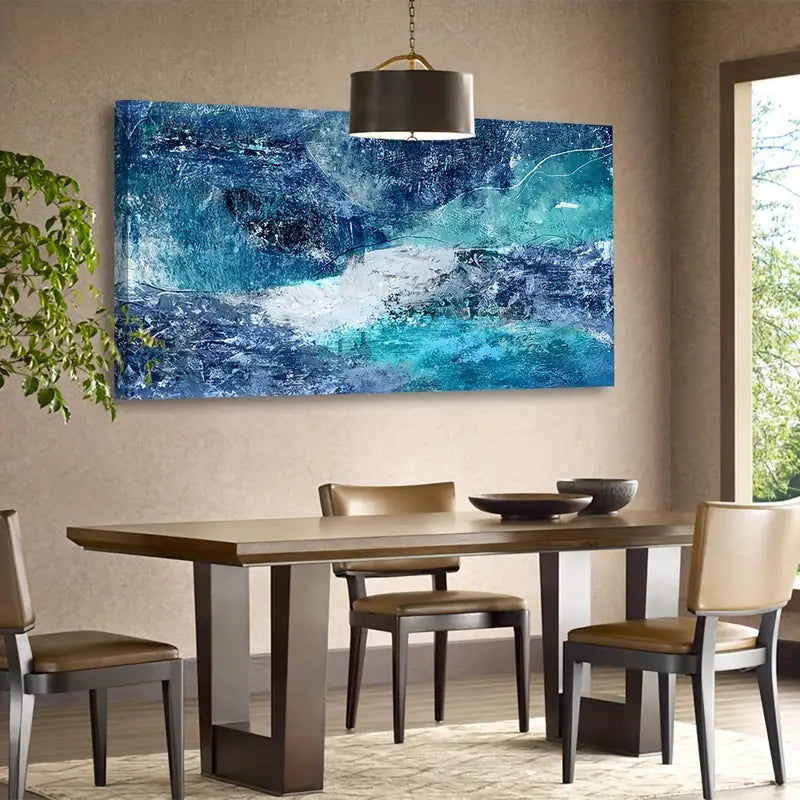 Blue Abstract Ocean Turbulent Waves Design Wall Art canvas office home room framed 120x60cm