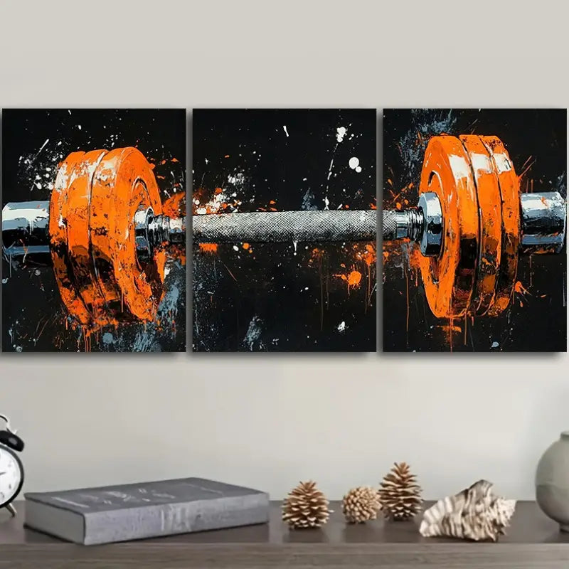 3pcs Orange Fitness Equipment Design Metal Print Ready to Hang Art