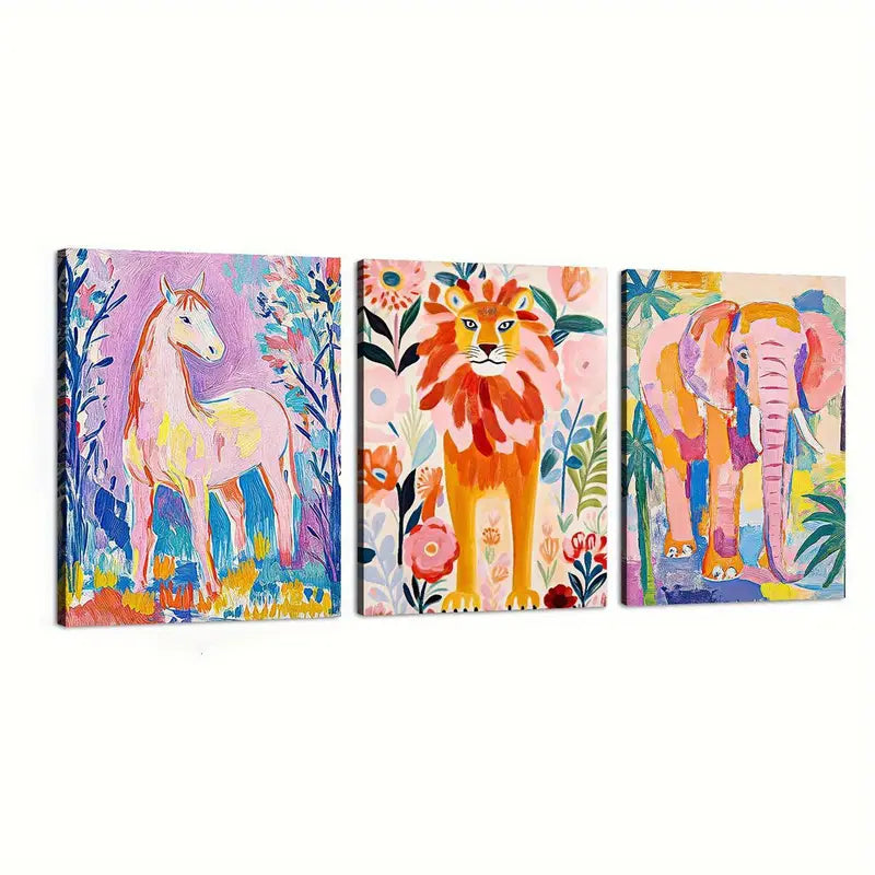 3pcs Colorful Animal Art, Horse, Lion and Elephant Metal Print Ready to Hang Art