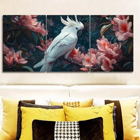 3pcs White Cockatoos & Floral Branches Metal Print Ready to Hang Art