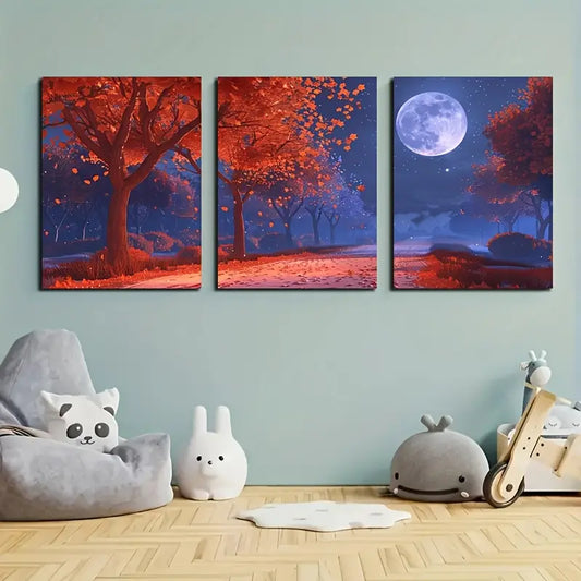 3pcs Watercolor Autumn trees Road Moon Night Metal Print Ready to Hang Art