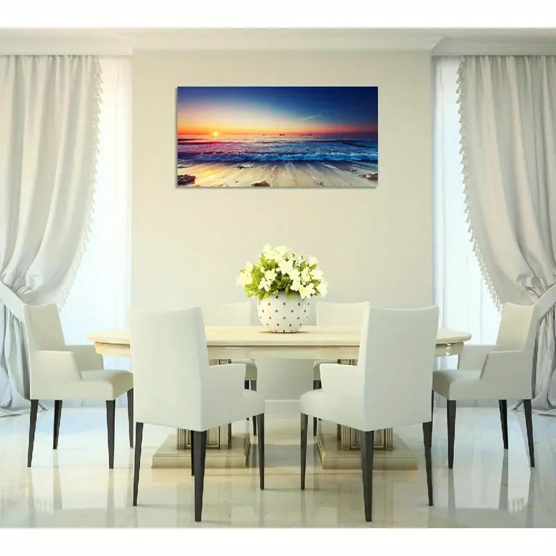 White Ocean Beach Sunrise Ocean Waves & Sandy Shore Wall Art canvas office home room framed 120x60cm