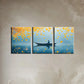3pcs Tranquil Rowing Scene Blue Lake with Golden Leaves Metal Print Ready to Hang Art