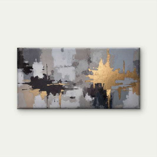 Abstract Black Grey And Gold Brushstrokes Modern Minimalist Wall Art Canvas Office Home Room Framed 80x45cm