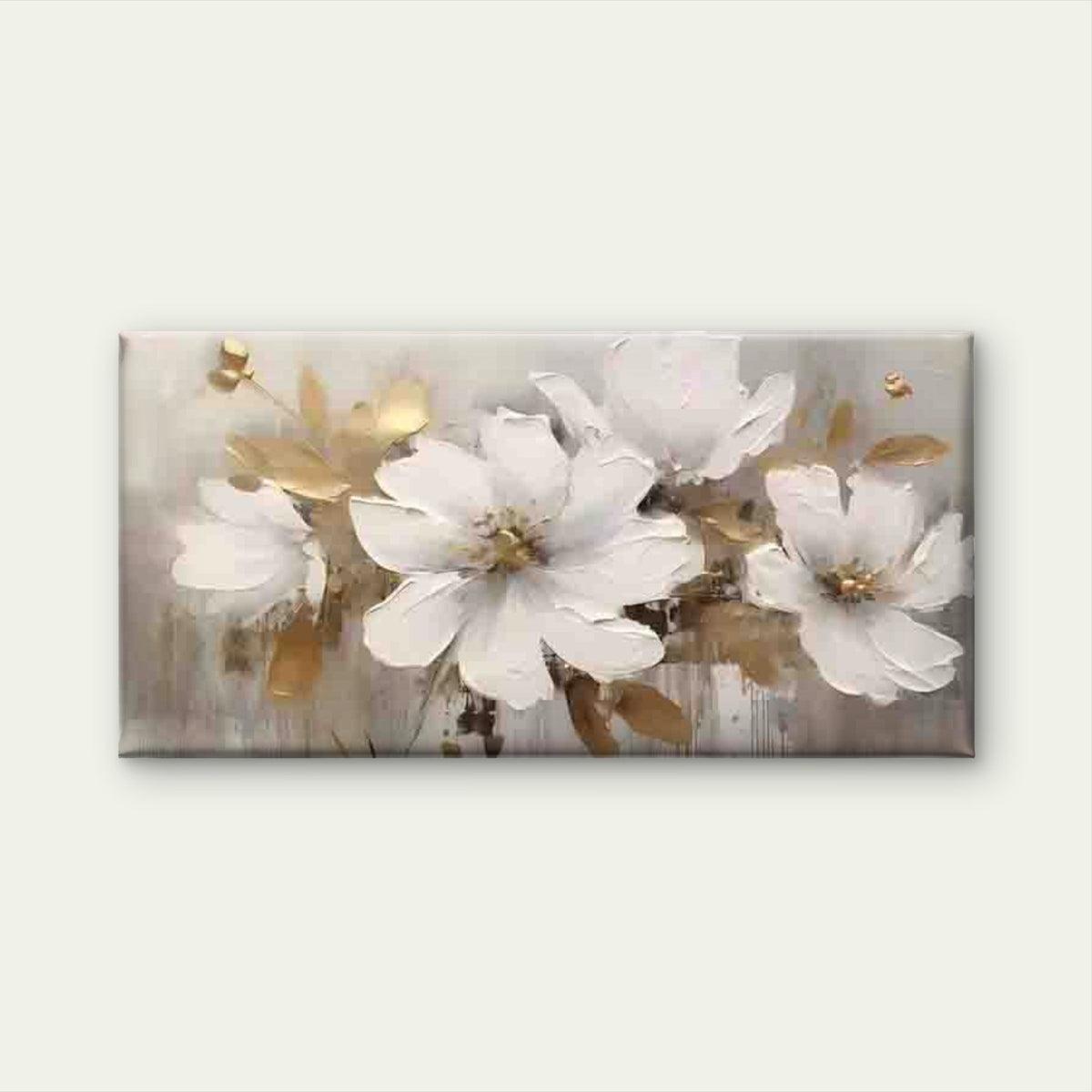 White And Golden Floral Wall Art Canvas Office Home Room Framed 80x45cm