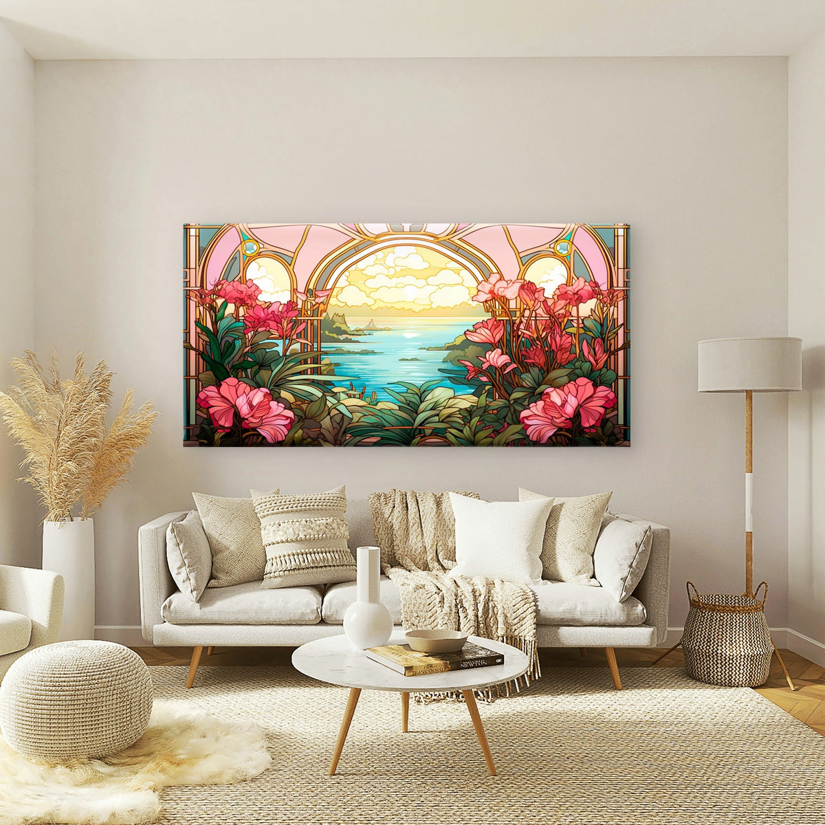 Stained Ocean Sunset Pink Wall Art Canvas Office Home Room Framed 120x60cm