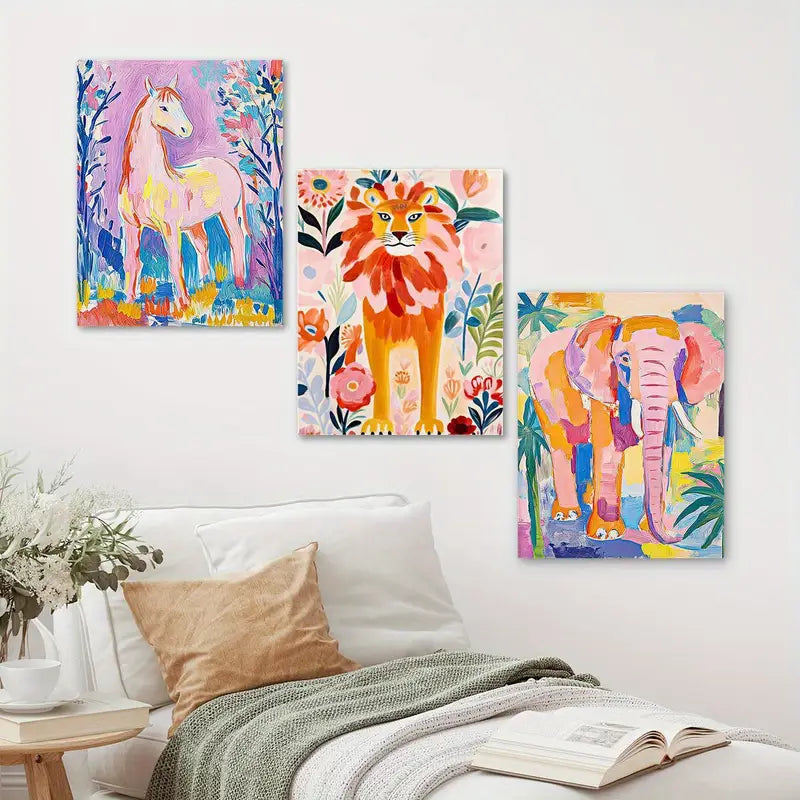3pcs Colorful Animal Art, Horse, Lion and Elephant Metal Print Ready to Hang Art