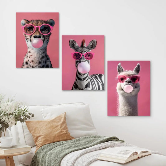 3pcs Cool Llama, Pink Cheetah and Zebra with Glasses Metal Print Ready to Hang Art