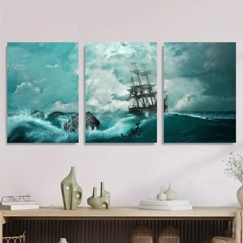 3pcs Shipwreck at Sea Waves Crashing Stormy Ocean Metal Print Ready to Hang Art