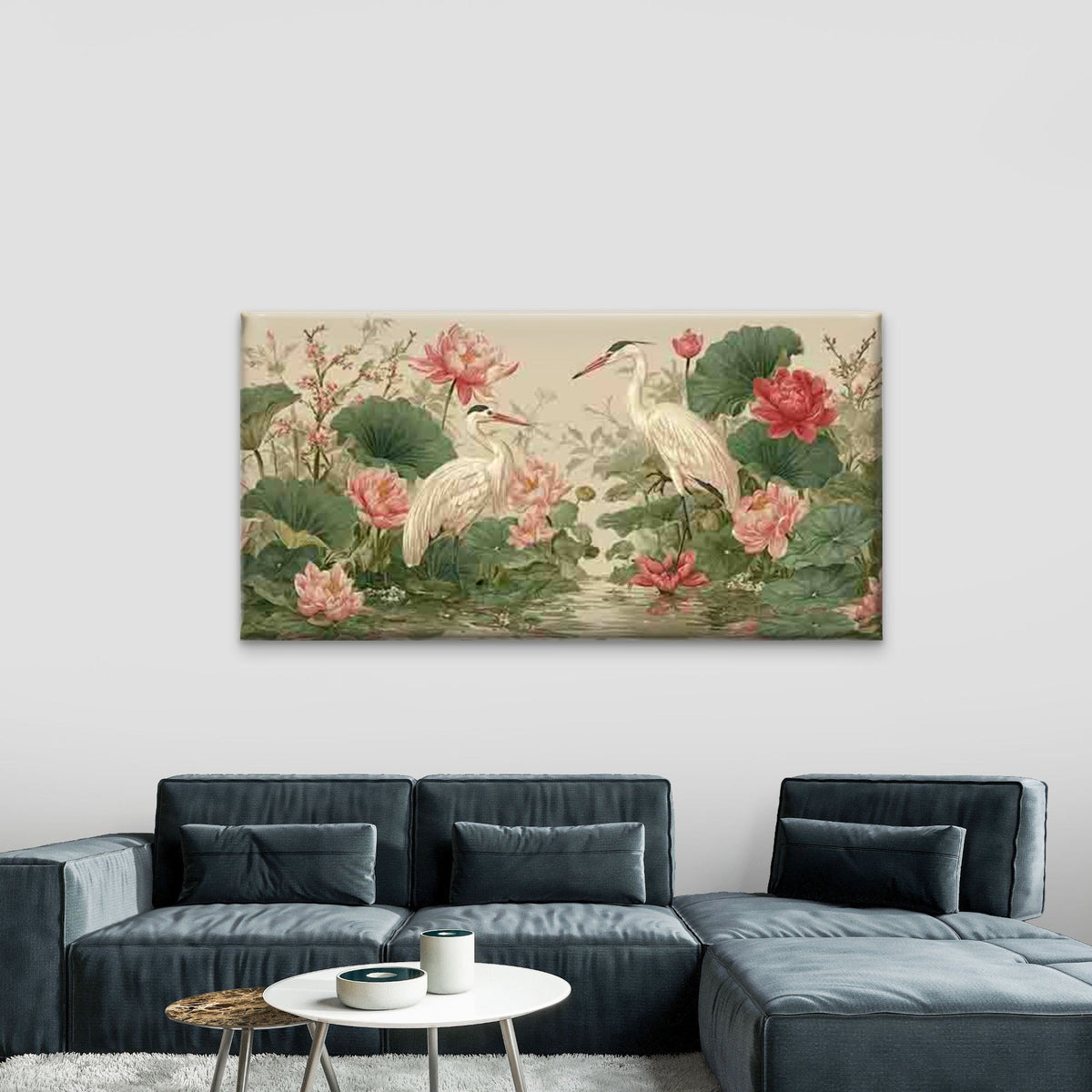 Two Herons Bird & for Lotus Wall Art Canvas Office Home Room Framed 120x60cm