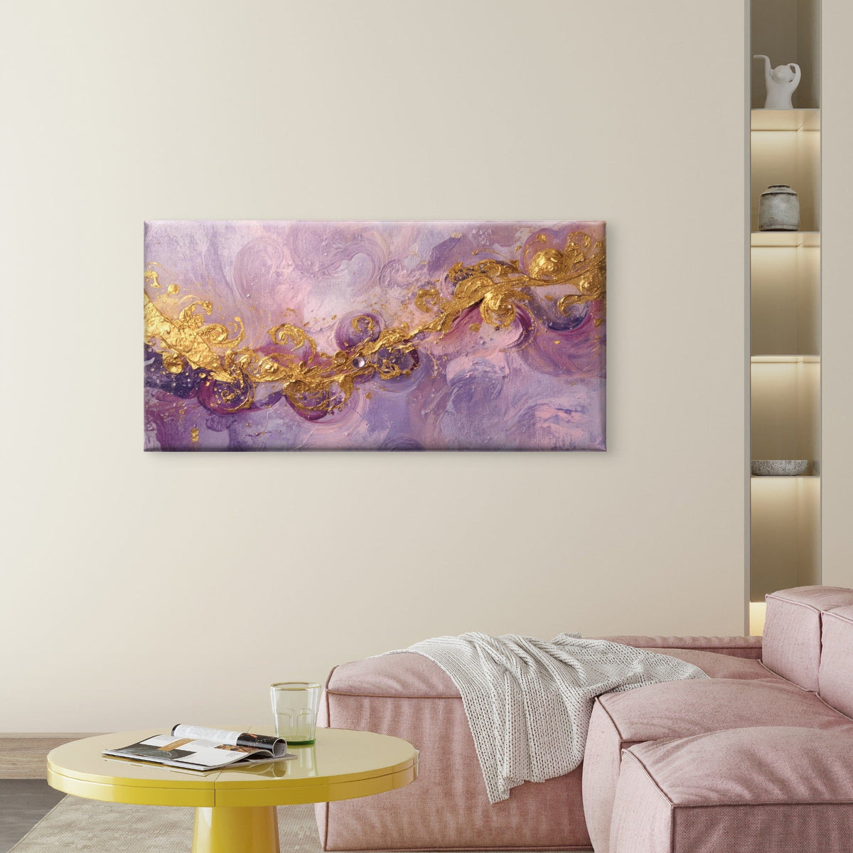 Purple Gold Swirl Abstract Wall Art Canvas Office Home Room Framed 120x60cm