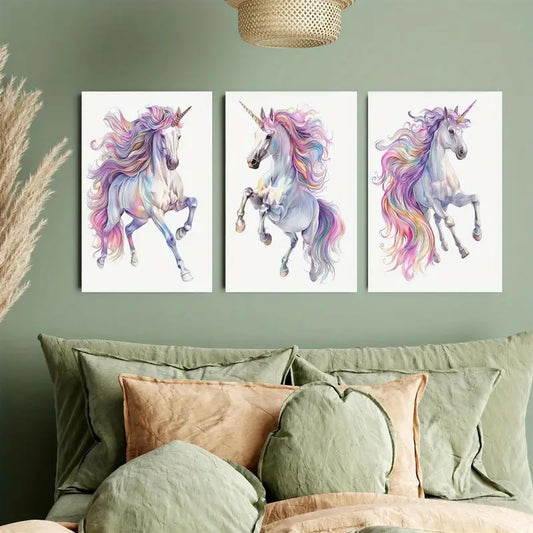 3pcs Vibrant Watercolor Pony Beautiful Unicorn Metal Print Ready to Hang Art