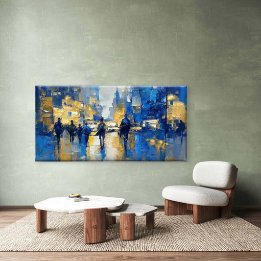 Abstract Blue And Golden City Wall Art Canvas Office Home Room Framed 80x45cm