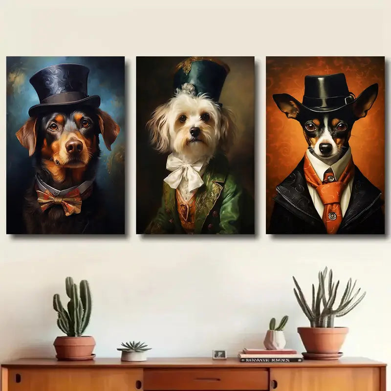 3pcs Elegant Suit & Top Hat Dog Classic Design Metal Print Ready to Hang Art