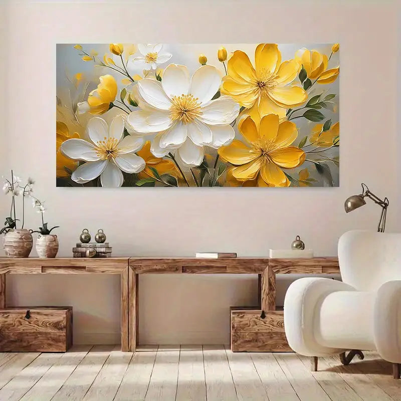 Yellow White Floral Art wall canvas office home room framed 120x60cm