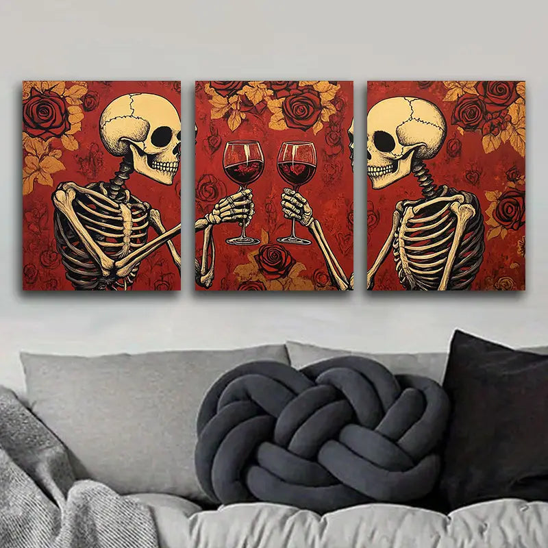 3pcs Skeletons Clinking Wine Glasses Metal Print Ready to Hang Art