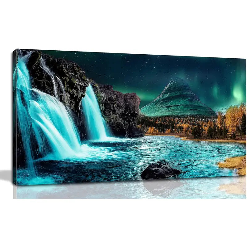 Waterfall Nature Black Mountains Ocean Wall Art canvas office home room framed 120x60cm