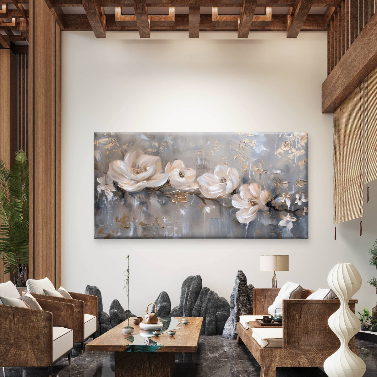 Gilded Petals Soft Shadows Wall Art Canvas Office Home Room Framed 120x60cm