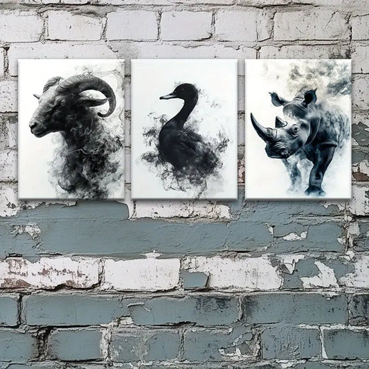 3pcs Abstract Black & White Animal Prints of Sheep, Duck, Rhino Metal Print Ready to Hang Art
