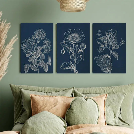 3pcs Blue-White Floral Line Art Design Metal Print Ready to Hang Art