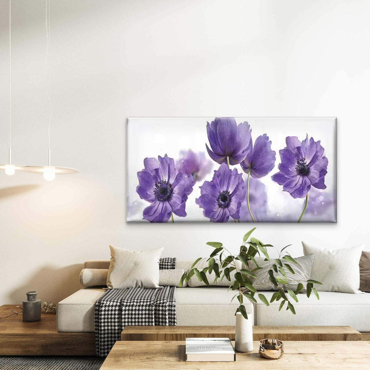 Elegant Purple Floral Anemone Wall Art Canvas Office Home Room Framed 120x60cm